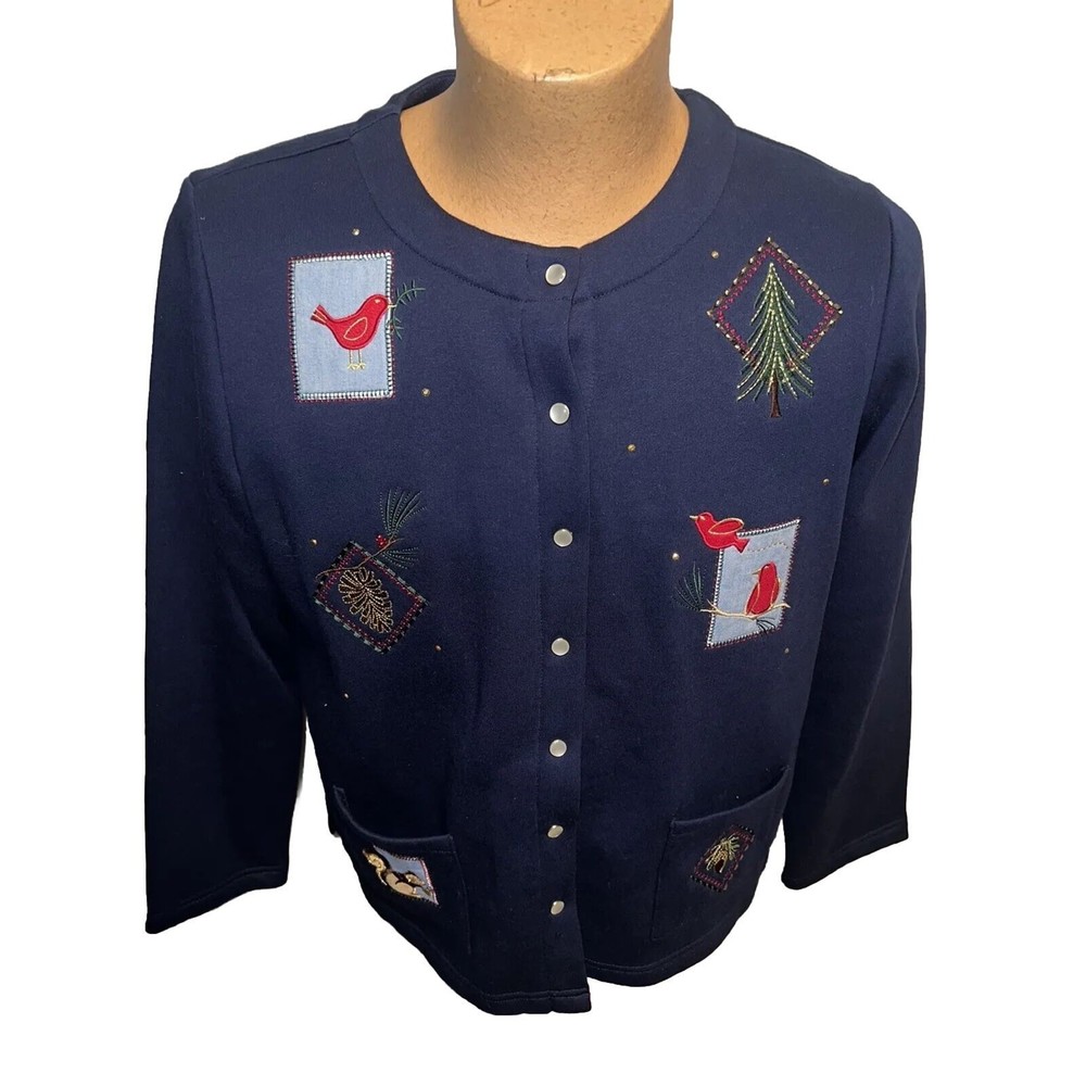 Kim Rogers Petites Navy Blue Christmas Sweatshirt Womens Size PL Snap Front